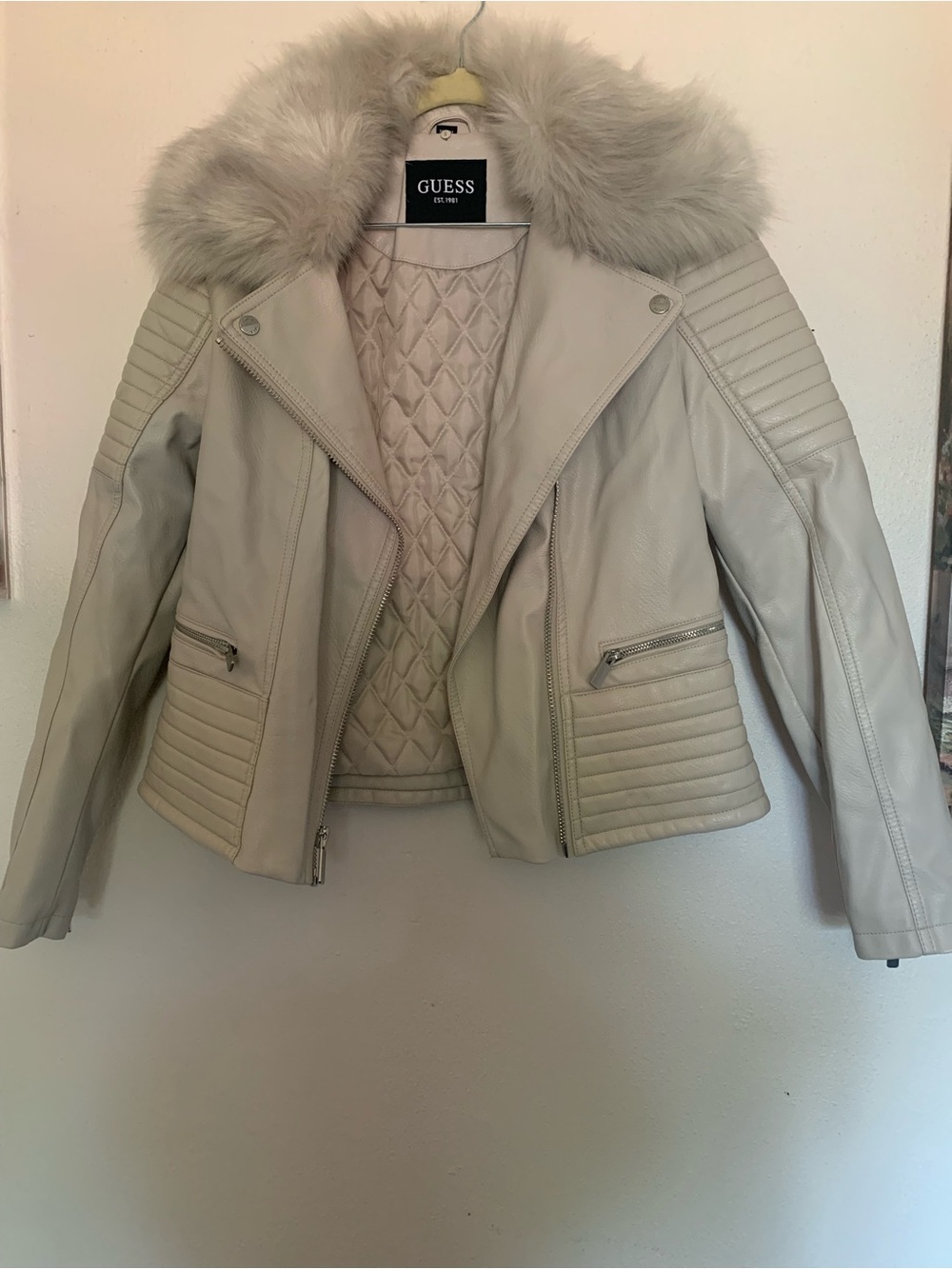 GUESS Cream Quilted Leather Jacket with Faux Fur Trim